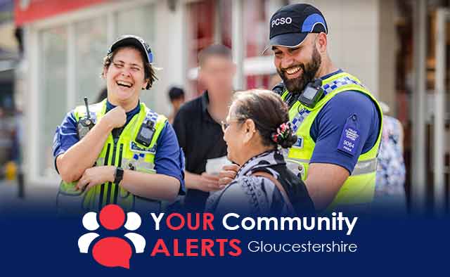 Two officers and a member of the public chatting and laughing. The Your Community Alerts logo is placed at the bottom of the image.