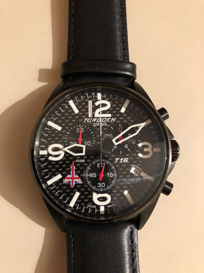 TORGEON T16 RAF TYPHOON DISPLAY TEAM WATCH WITH A TYPHOON AIRCRAFT ON THE FACE IN UNION JACK COLOURS.